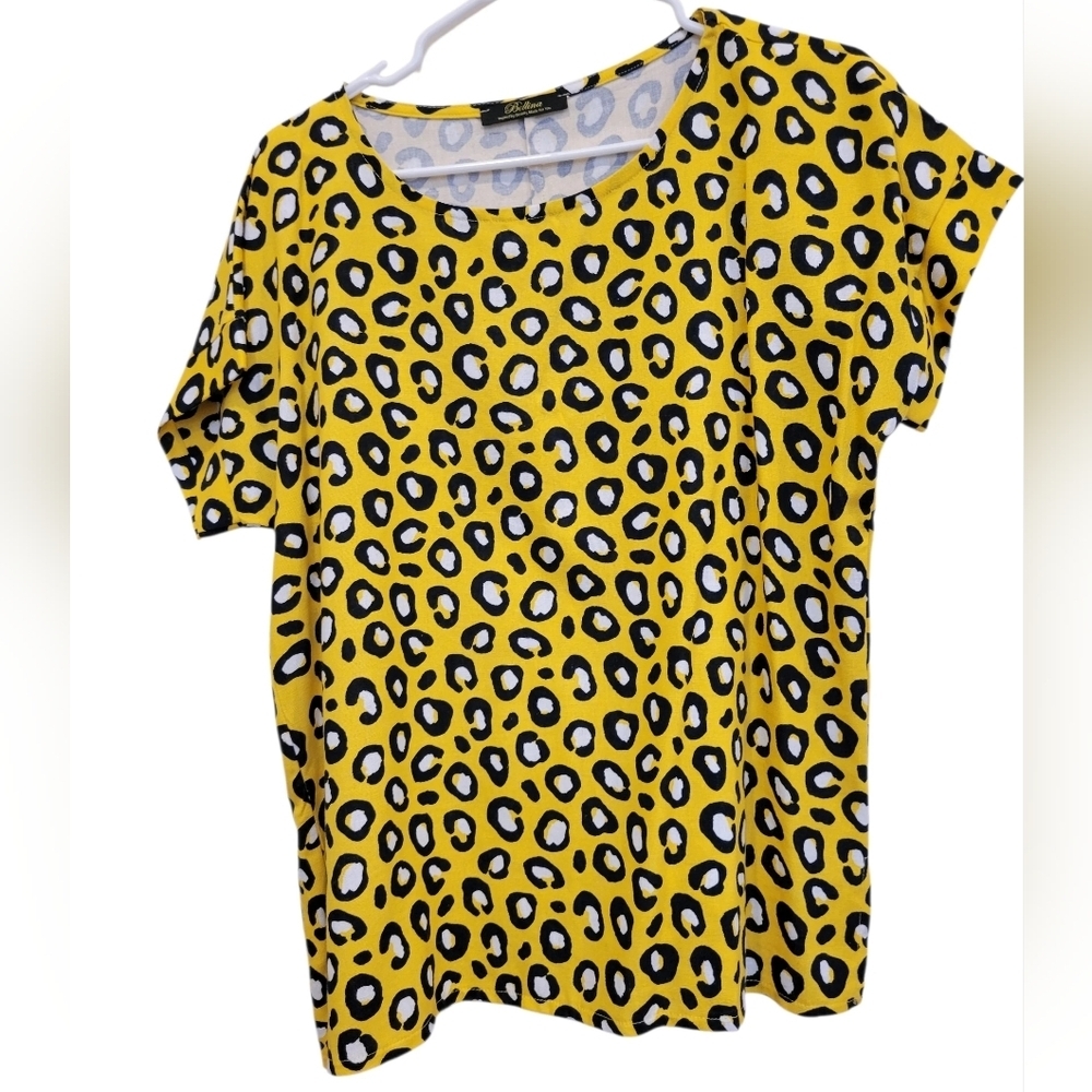 Bellina Cow Patch SS Yellow Black & White Blouse XS - Picture 2 of 7